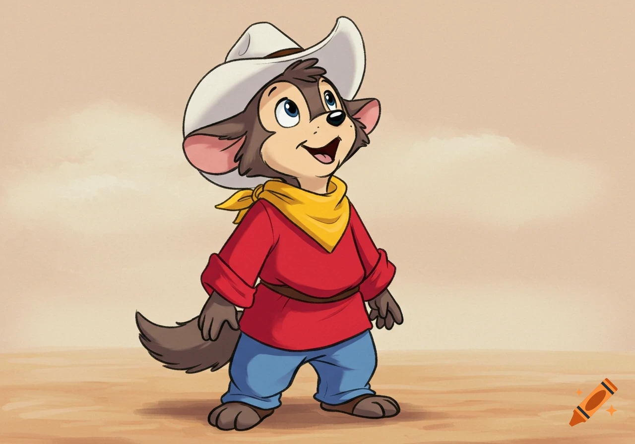 A cartoon wolf pup dressed in a white cowboy hat, red shirt, yellow bandana, and blue pants, looking up happily on a warm background.