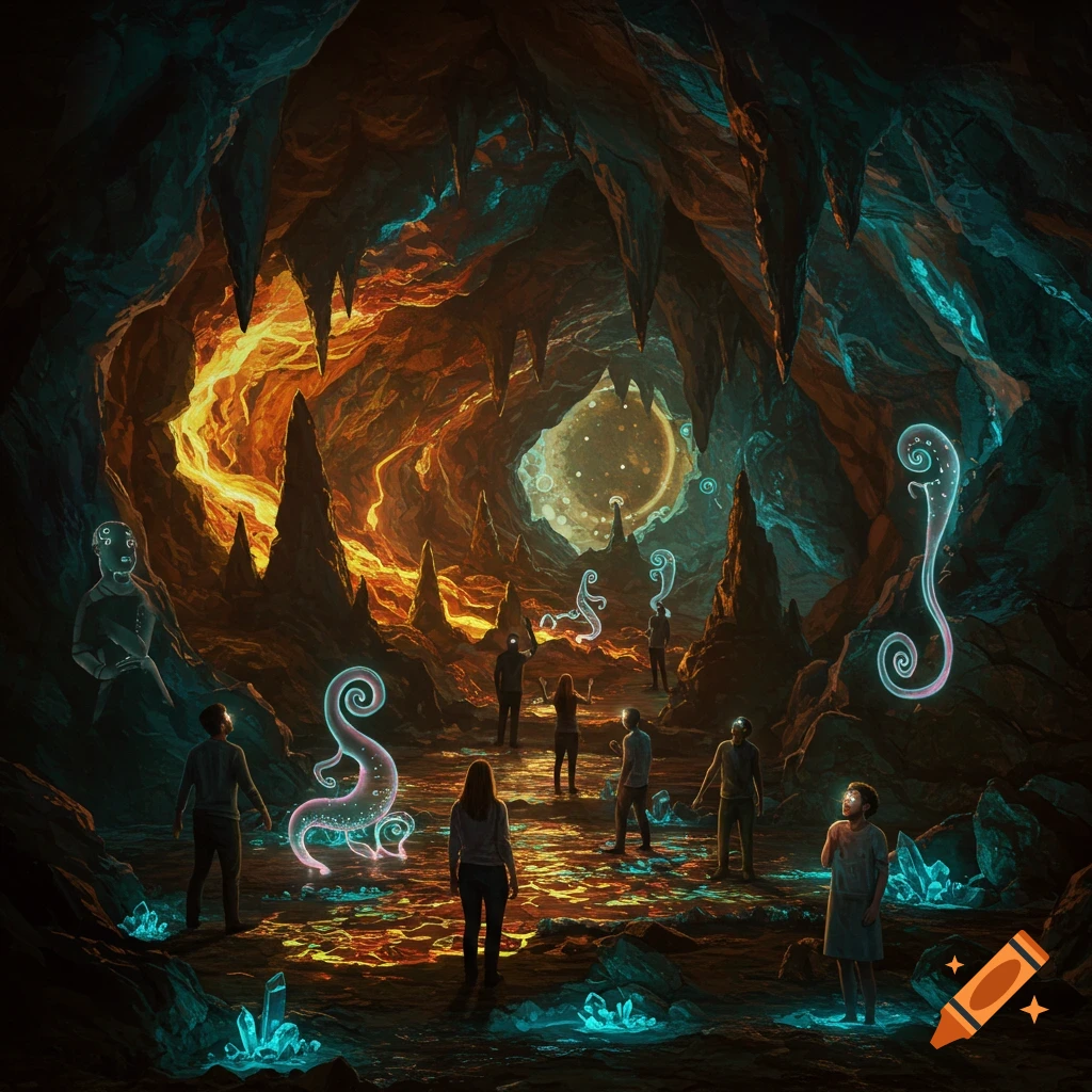 A group of people exploring a vibrant, glowing cave with ethereal, swirling light forms and crystals.
