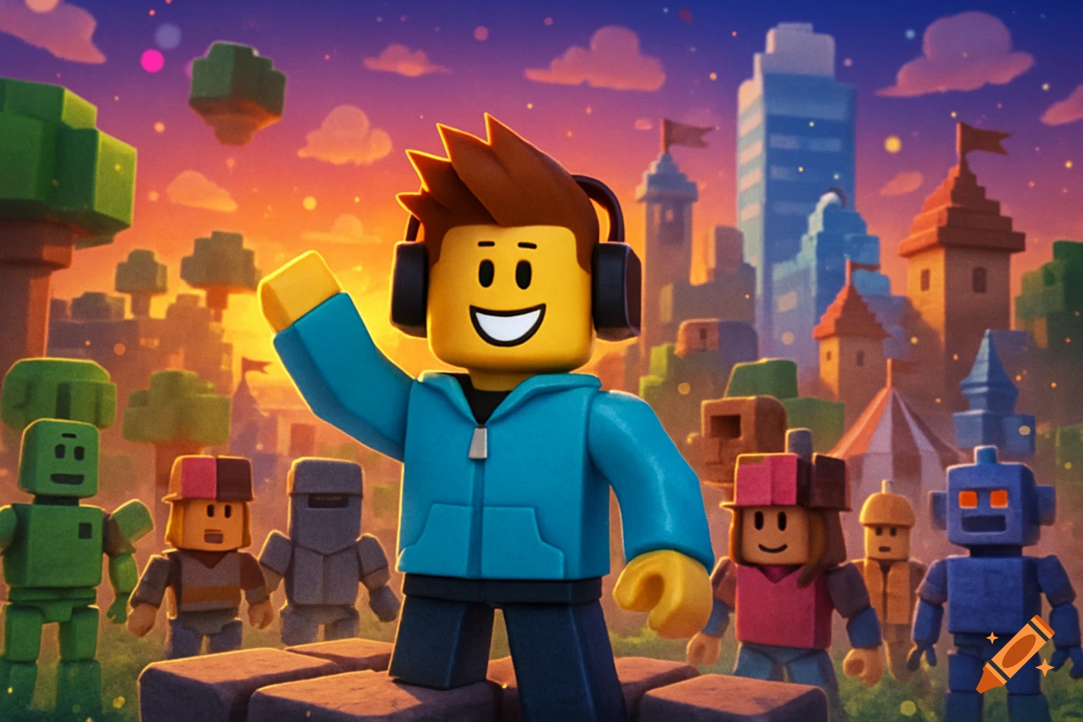 A smiling Roblox-style avatar in a blue hoodie raises a hand, surrounded by other blocky characters and structures in a colorful, blocky world at sunset.
