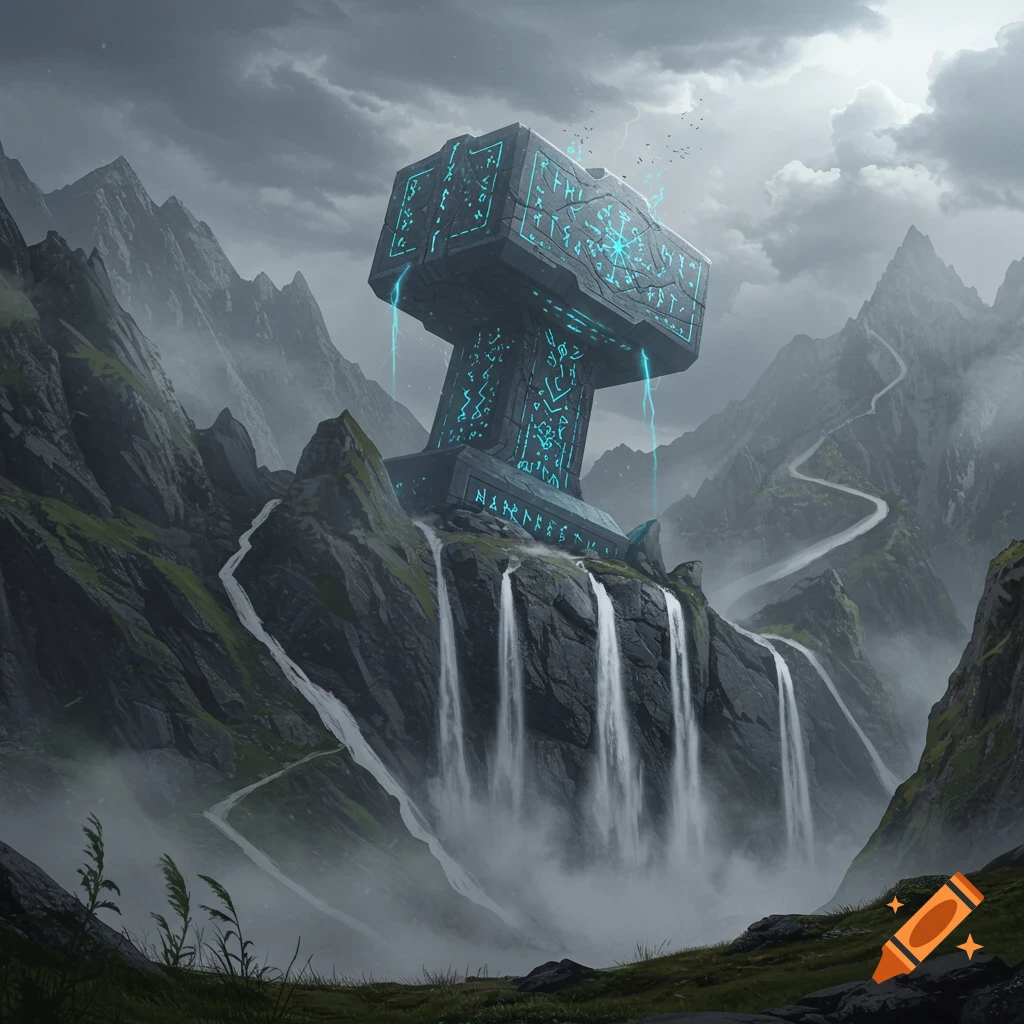 A massive, glowing blue hammer-shaped structure stands atop a waterfall-laden mountain in a misty valley under a cloudy sky.