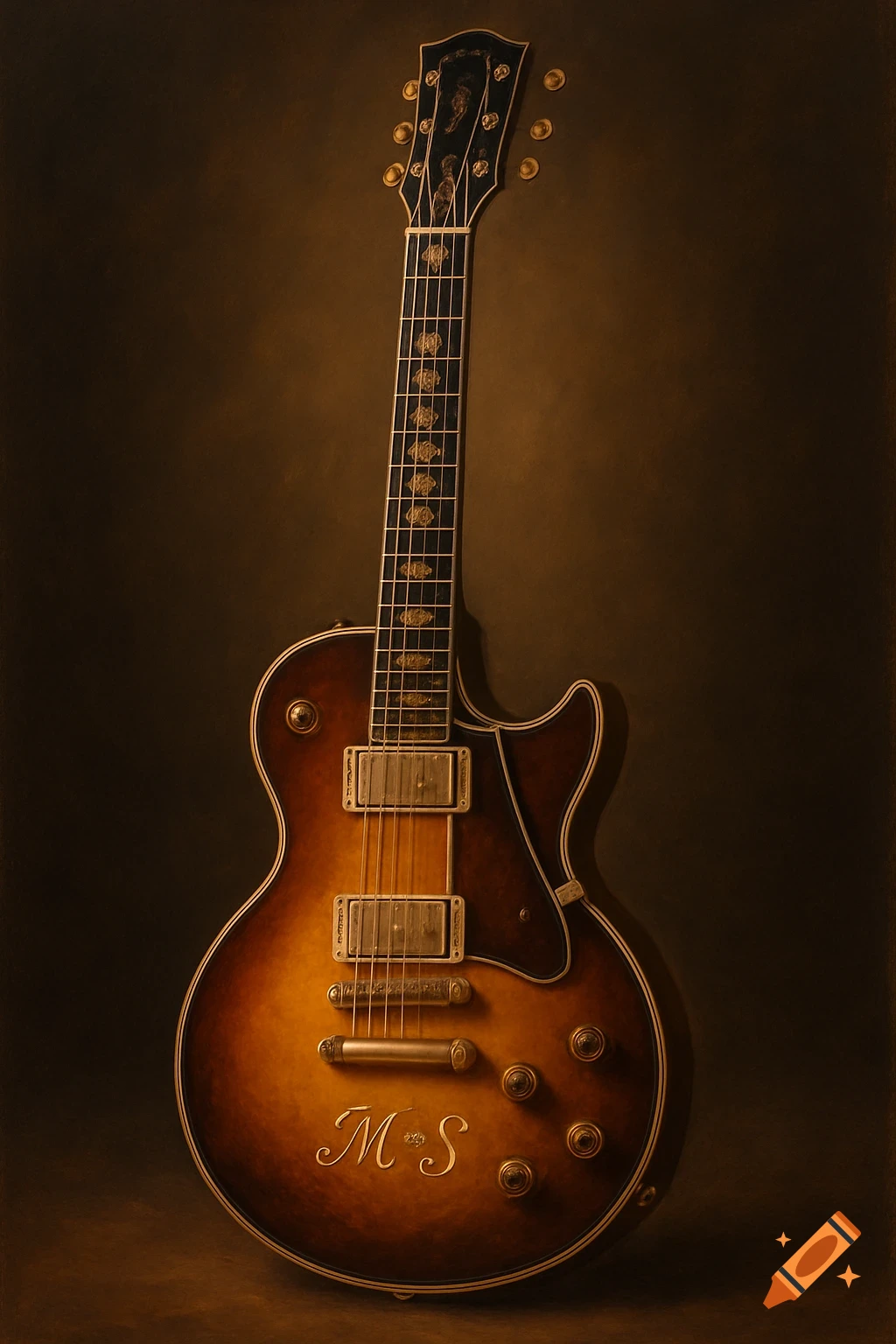 Vintage-style sunburst electric guitar with 'MS' initials on the body, set against a dark background in a still-life photo.