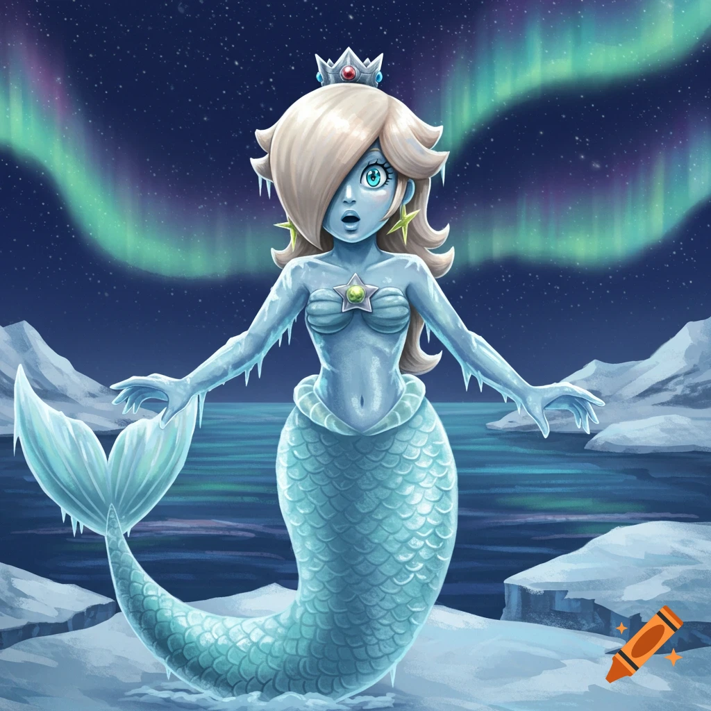 An ice statue mermaid Rosalina with a surprised expression stands in a frozen landscape under an aurora-lit night sky.
