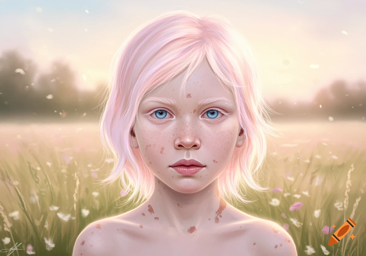 Close-up digital painting of a young boy with light pink hair and blue eyes, standing in a field of wildflowers at sunrise.