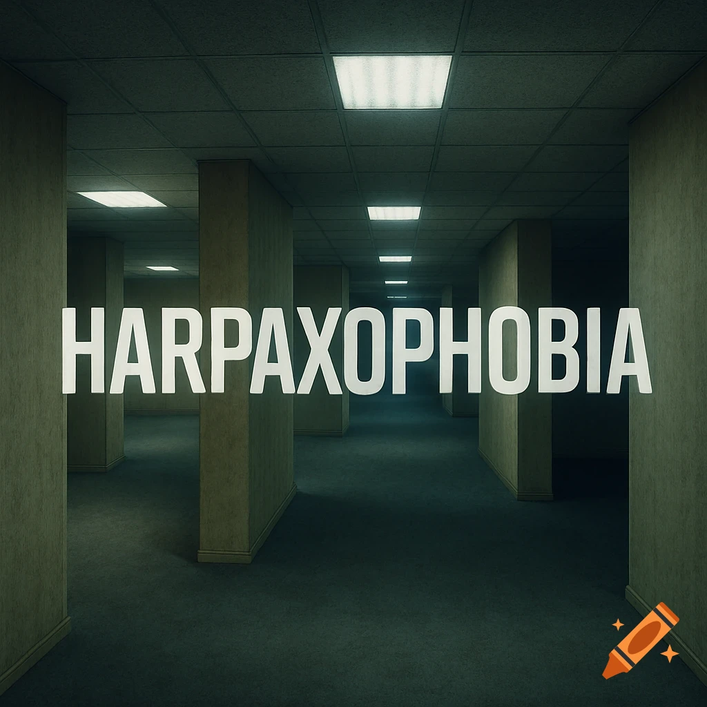 The word HARPAXOPHOBIA floats in a dimly lit, empty, beige-walled corridor with fluorescent lights, resembling a backrooms setting.