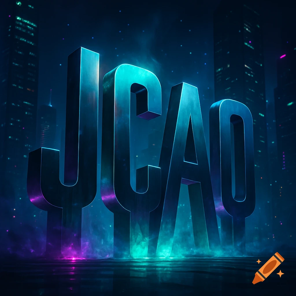 Large metallic 3D letters "JCAO" stand in a neon-lit futuristic city with glowing mist.