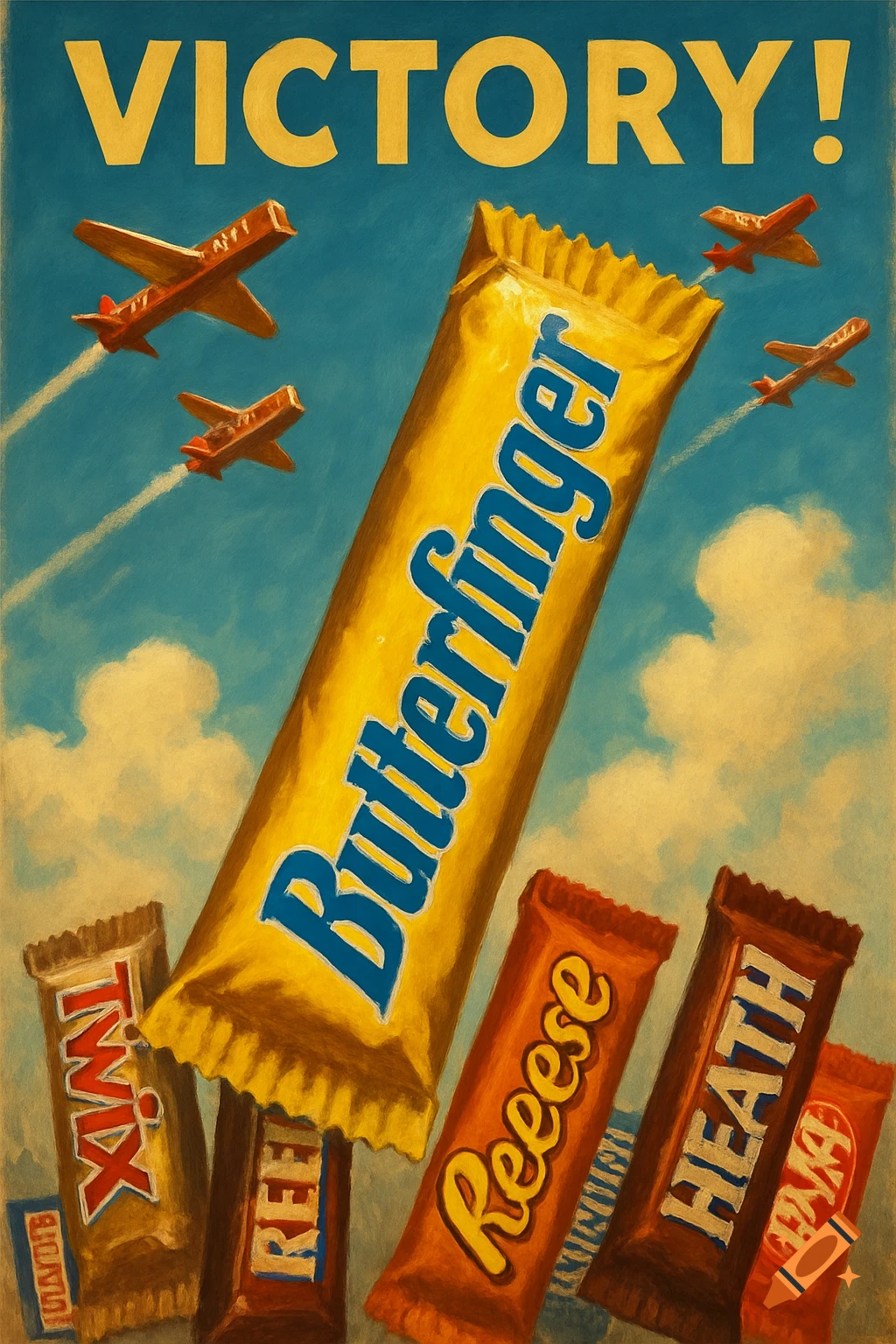 A vintage-style poster depicting a large Butterfinger candy bar soaring like a rocket with small airplane-shaped candy bars in the sky. Other candy bars like Twix, Reese's, and Heath are at the bottom, looking up. The text "VICTORY!" is at the top.