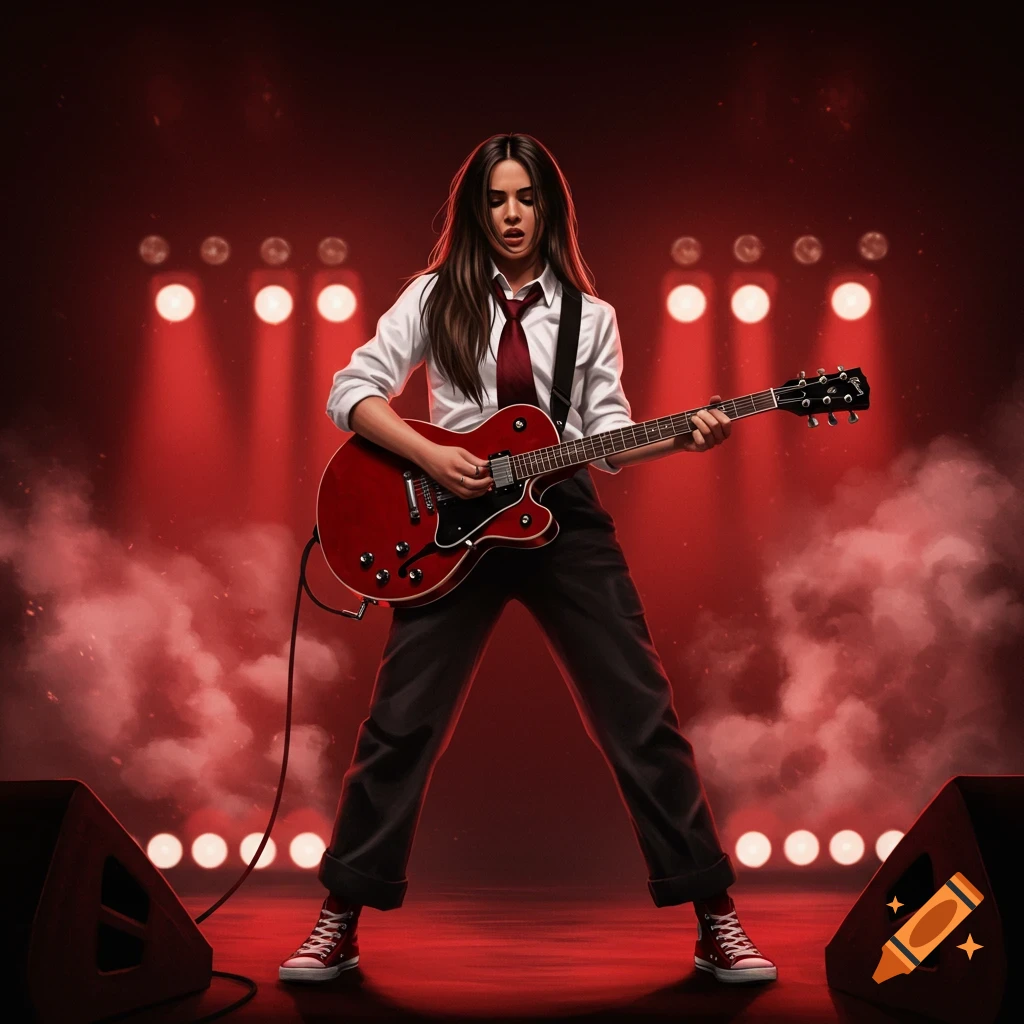 A woman with long dark hair plays a red electric guitar on a stage lit with red lights and smoke, wearing a white shirt and red tie.