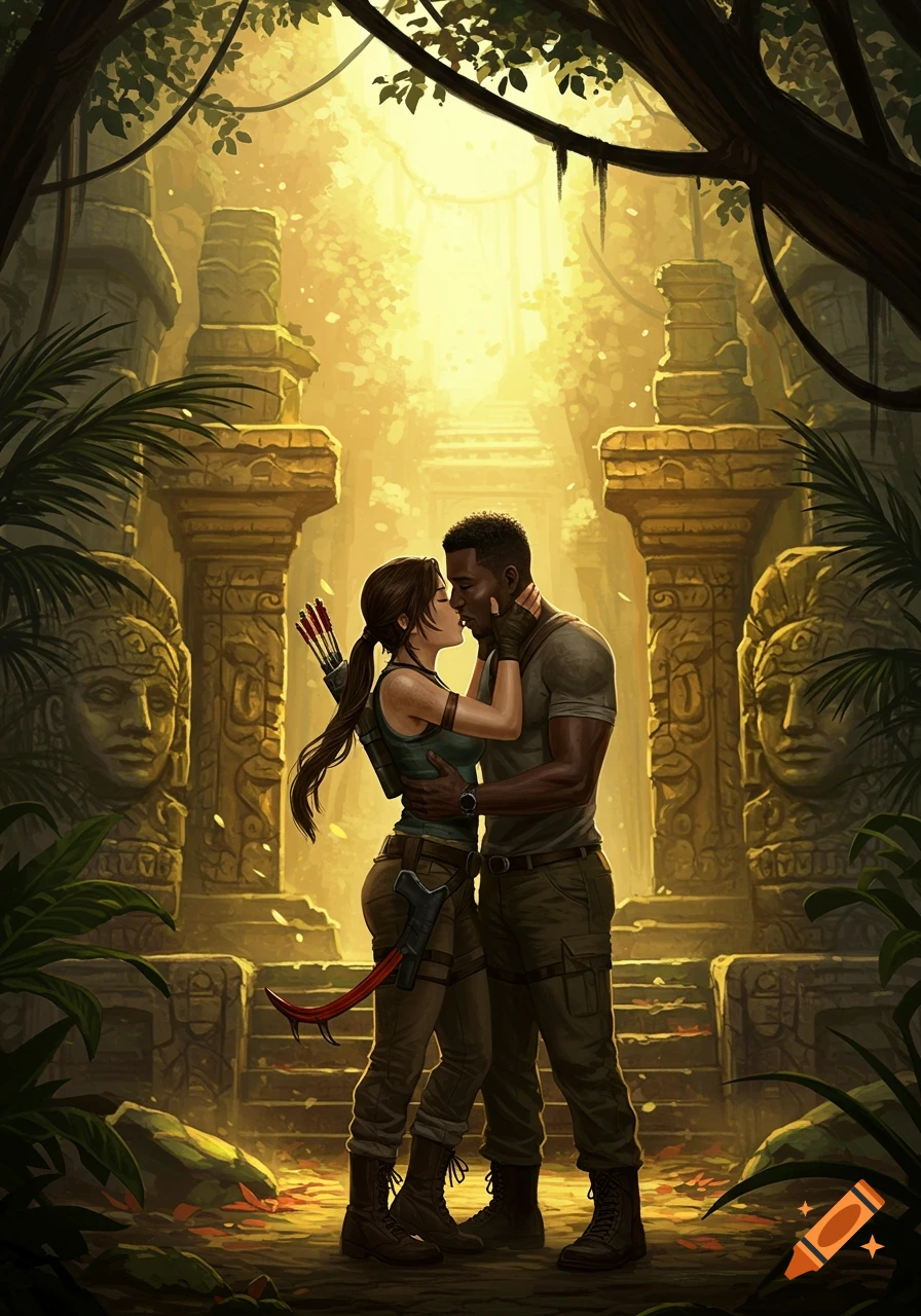 Lara Croft and a Black man share a romantic kiss in ancient jungle ruins under a bright, glowing sky, digital art style.