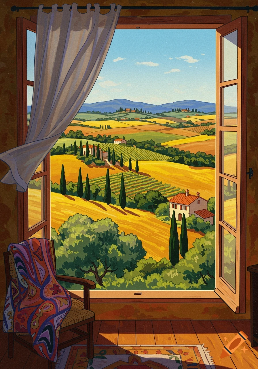 View from an open window of a vibrant Tuscan landscape with rolling hills, houses, and cypress trees, in an illustrative style.