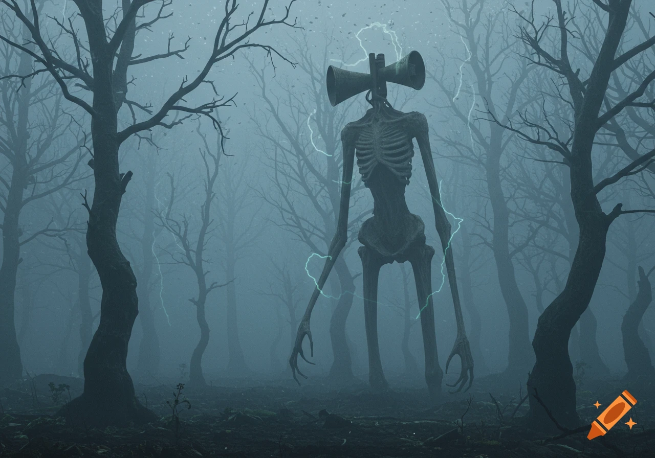 A tall, skeletal Siren Head monster with sirens for a head stands in a misty, dark forest as lightning strikes.