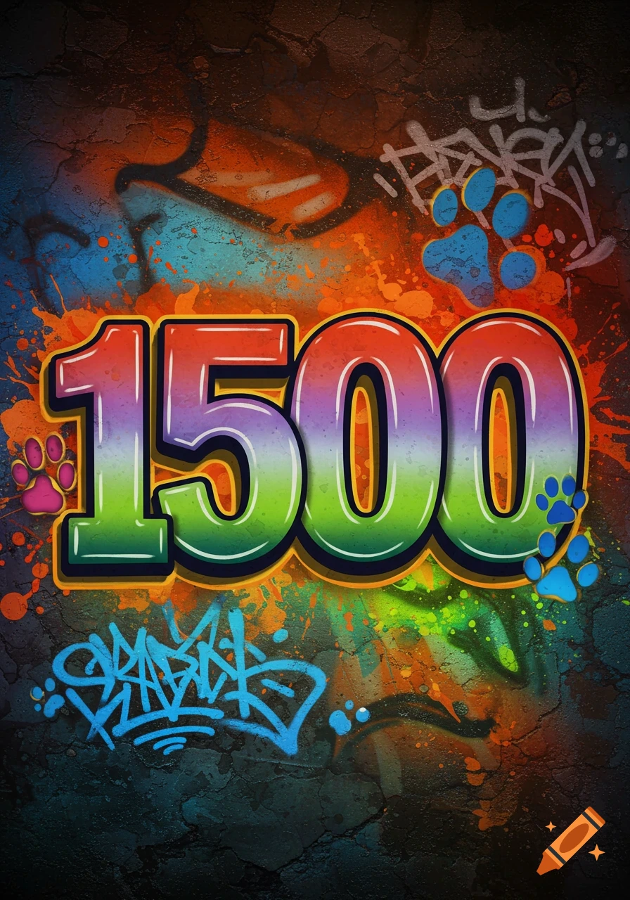 Colorful graffiti-style number 1500 with dog paw prints on a dark, textured wall with paint splatters.