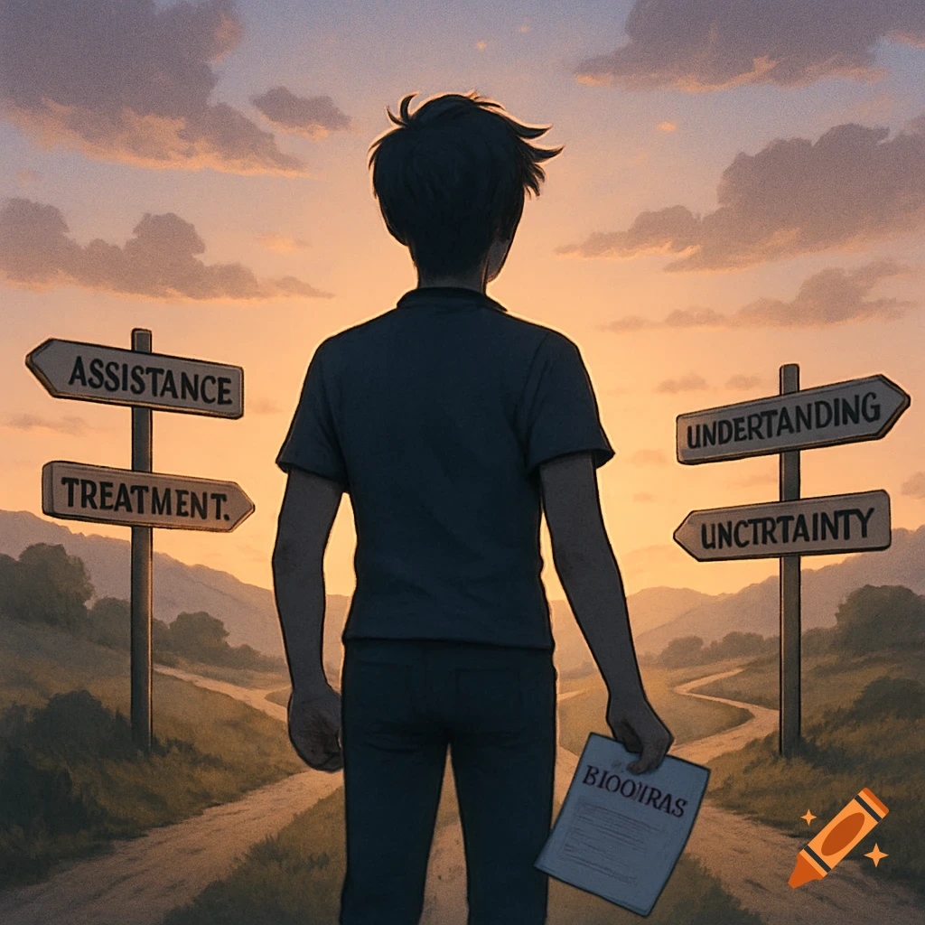 A young person stands at a crossroads at sunset, looking down two paths with signs pointing to "ASSISTANCE," "TREATMENT," "UNDERSTANDING," and "UNCTRTAINTY." They hold a paper that reads "BIOOIRAS."