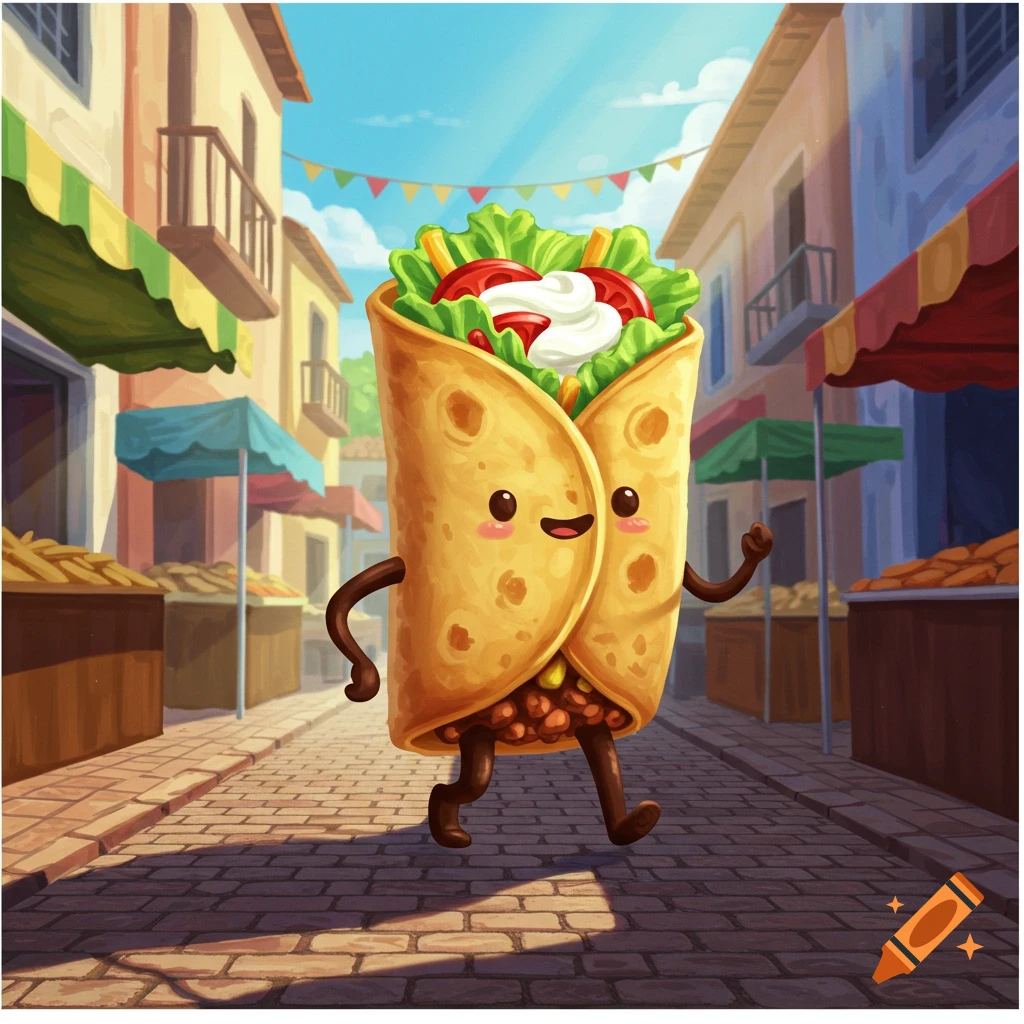 A cute cartoon burrito with arms and legs walks down a sunny cobblestone street in a bustling outdoor market.