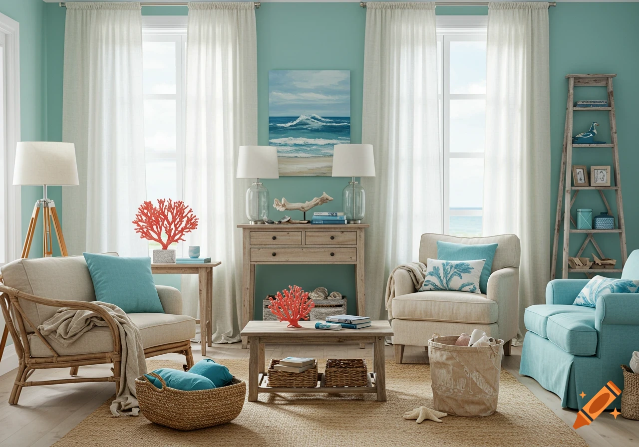 A bright coastal-themed living room with light blue walls, white curtains, and natural wood furniture, decorated with red coral and seashells.