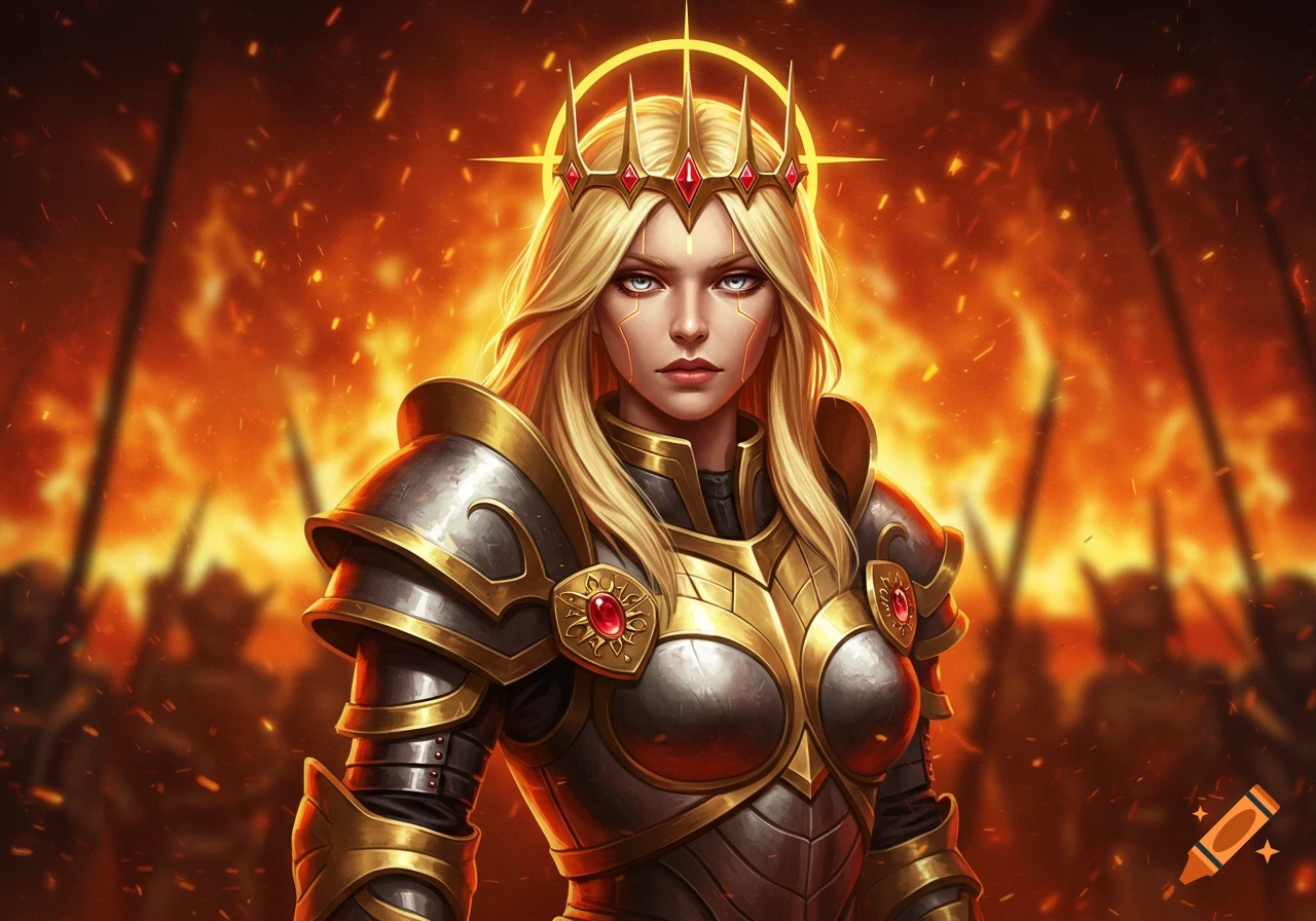A powerful blonde warrior queen in golden and silver armor with a halo crown stands against a fiery battlefield with silhouetted soldiers.