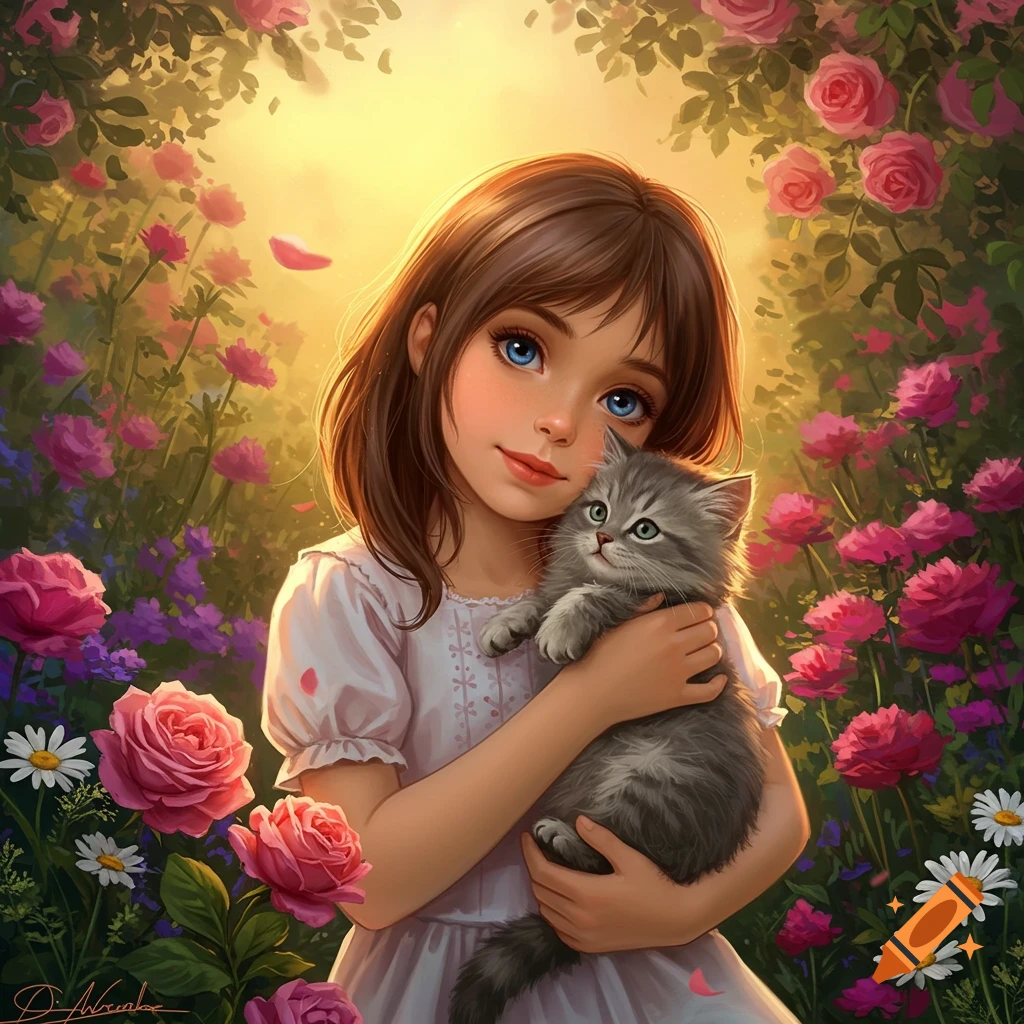 A girl with brown hair and blue eyes cuddles a gray kitten in a magical, rose-filled garden bathed in golden light.