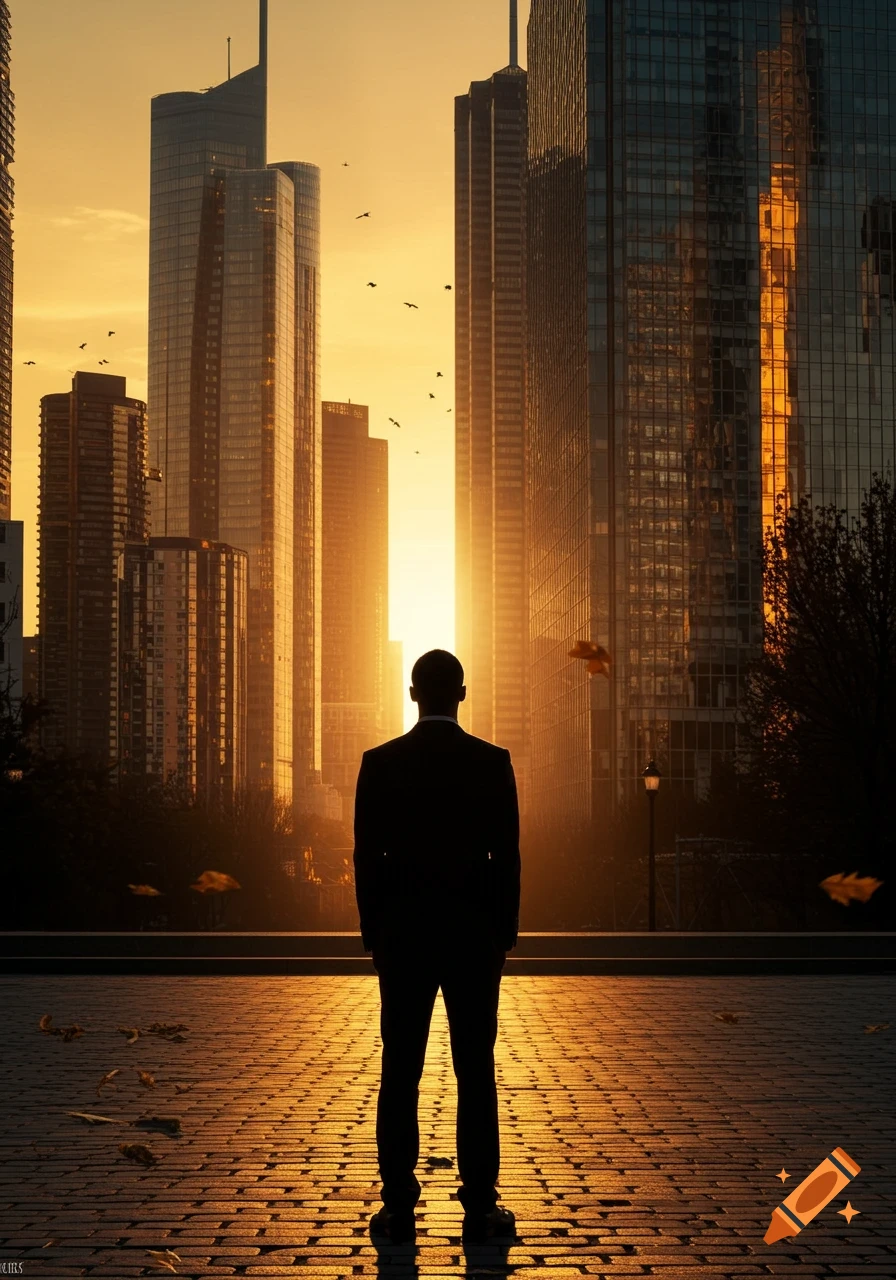 A silhouette of a man in a suit stands on a cobblestone street, looking at a towering city skyline bathed in the warm glow of a sunset.