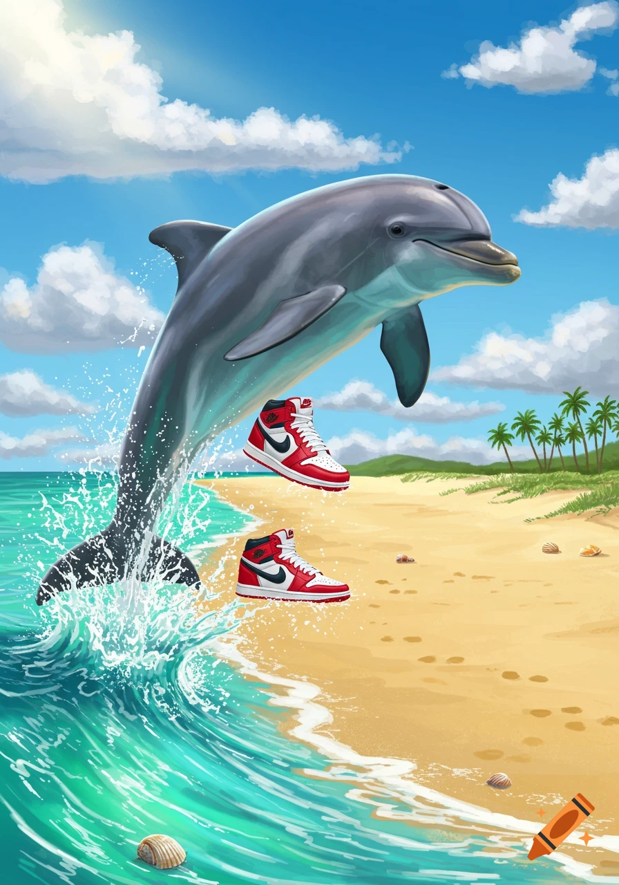 An illustrated dolphin leaps from turquoise ocean waves, two red and white Nike sneakers floating mid-air above a sandy beach with shells and palm trees.