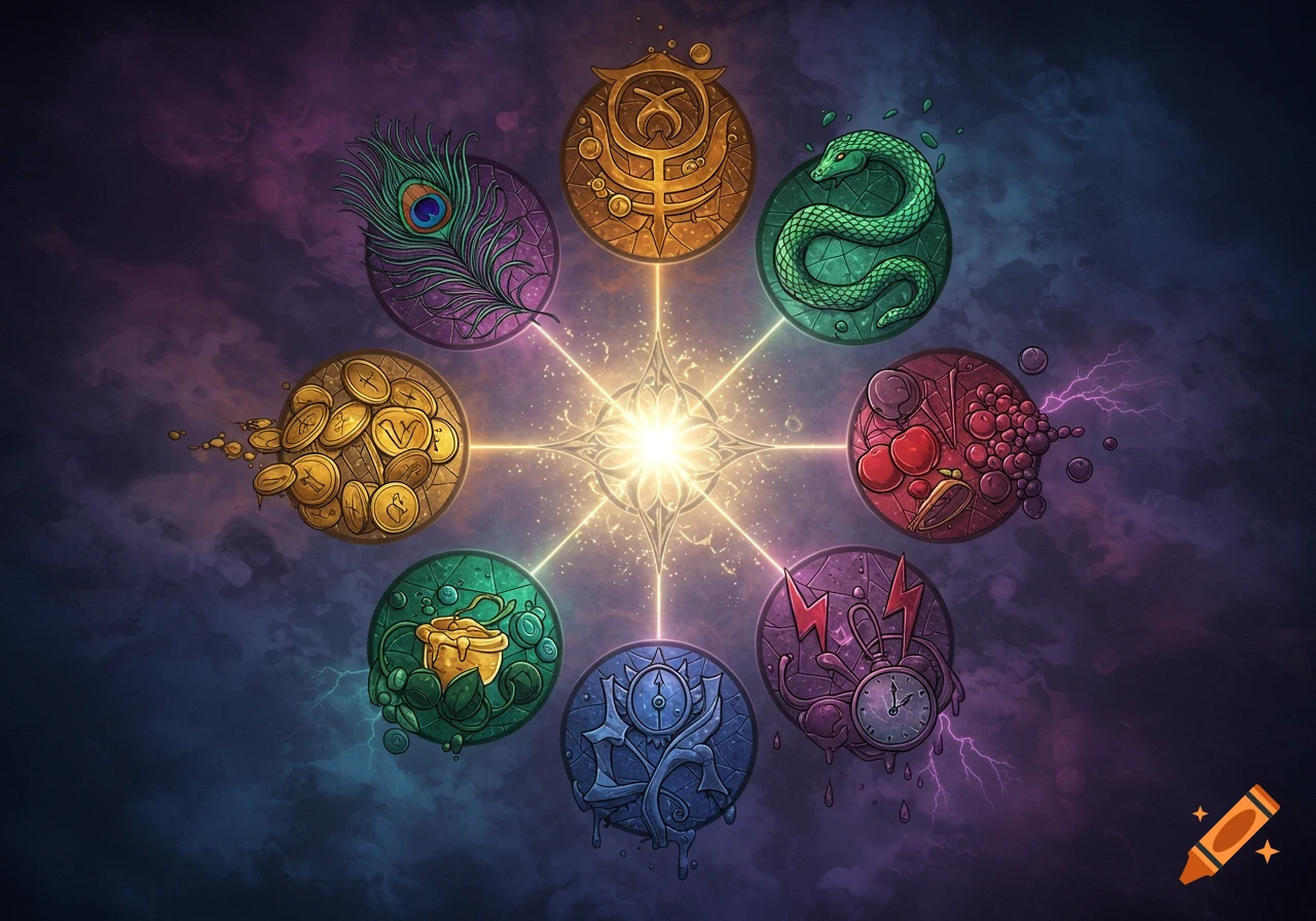 An illustration of eight mystical symbols arranged in a circle, connected by glowing lines to a central bright star, against a cosmic, cloudy background.