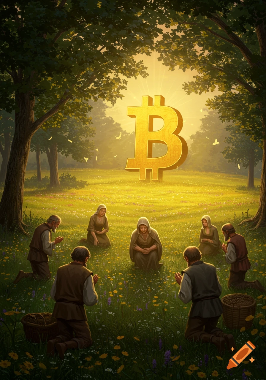 People in historical attire kneel and pray to a giant, glowing Bitcoin symbol in a sunlit, wildflower-filled field.