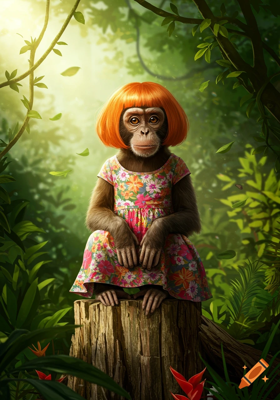 A realistic illustration of a monkey wearing a colorful floral dress and a bright orange bob wig, sitting on a tree stump in a sunlit forest.