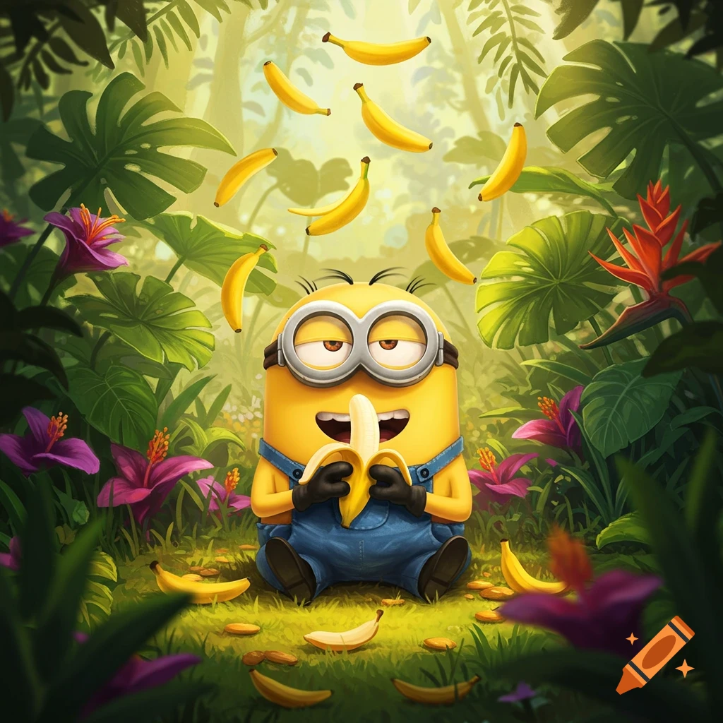A cartoon Minion character sits in a vibrant jungle, happily peeling and eating a banana as more bananas fall from above.