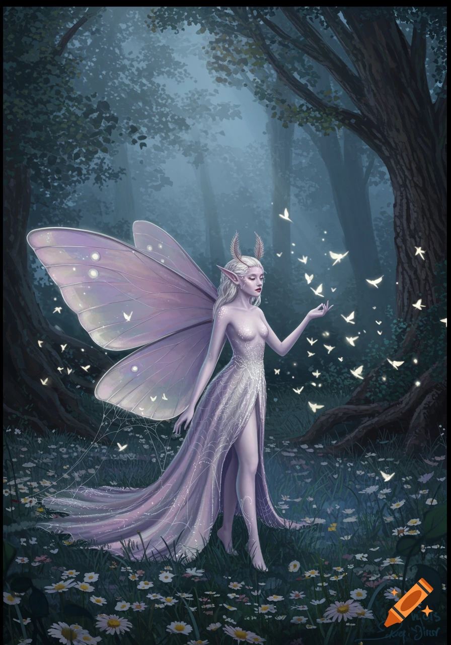 A fantasy illustration of a light-skinned fairy with moth wings and horns, wearing a sparkly gown, standing in a misty forest amidst white flowers, with glowing moths fluttering around her.