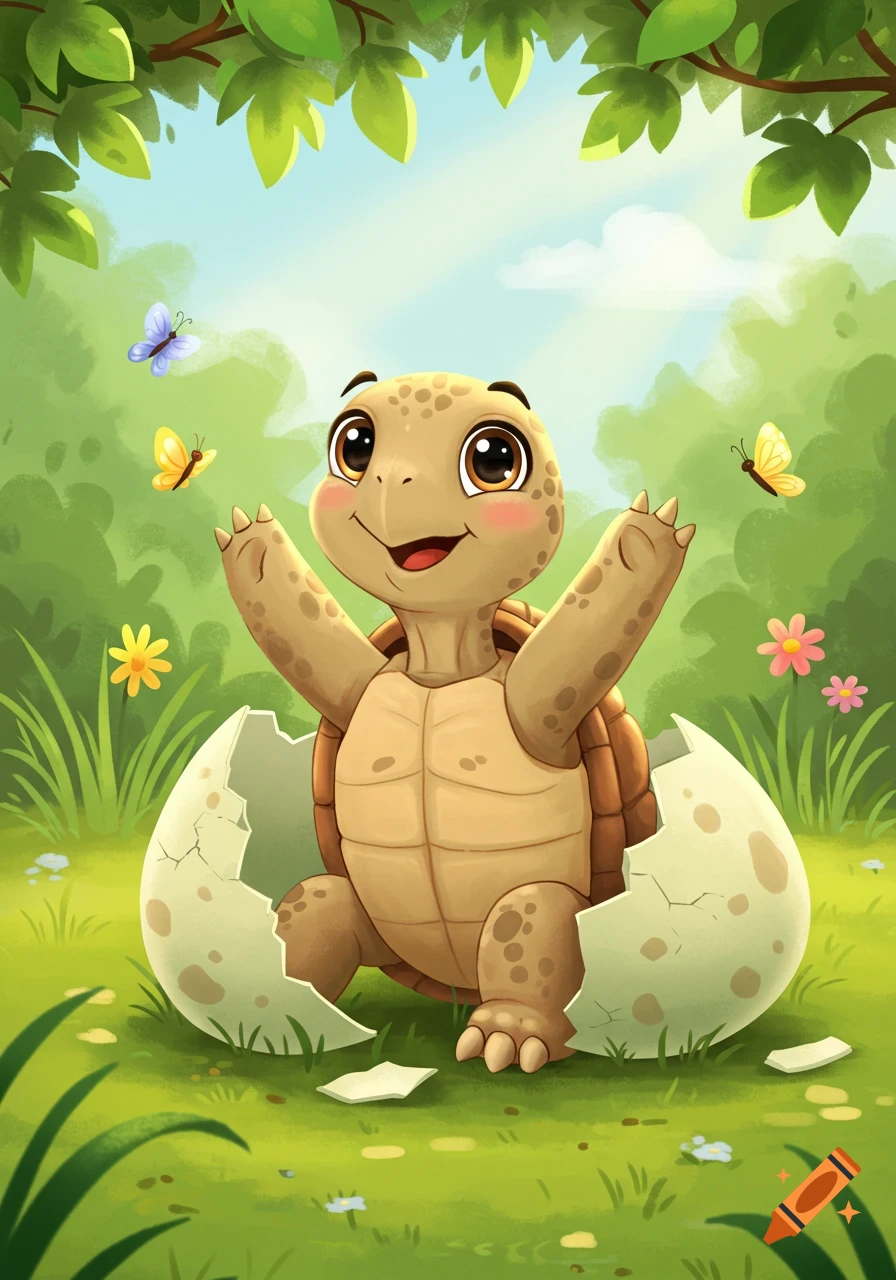 A cute cartoon baby turtle with large eyes hatches from a cracked egg on a grassy field, with butterflies and flowers around.