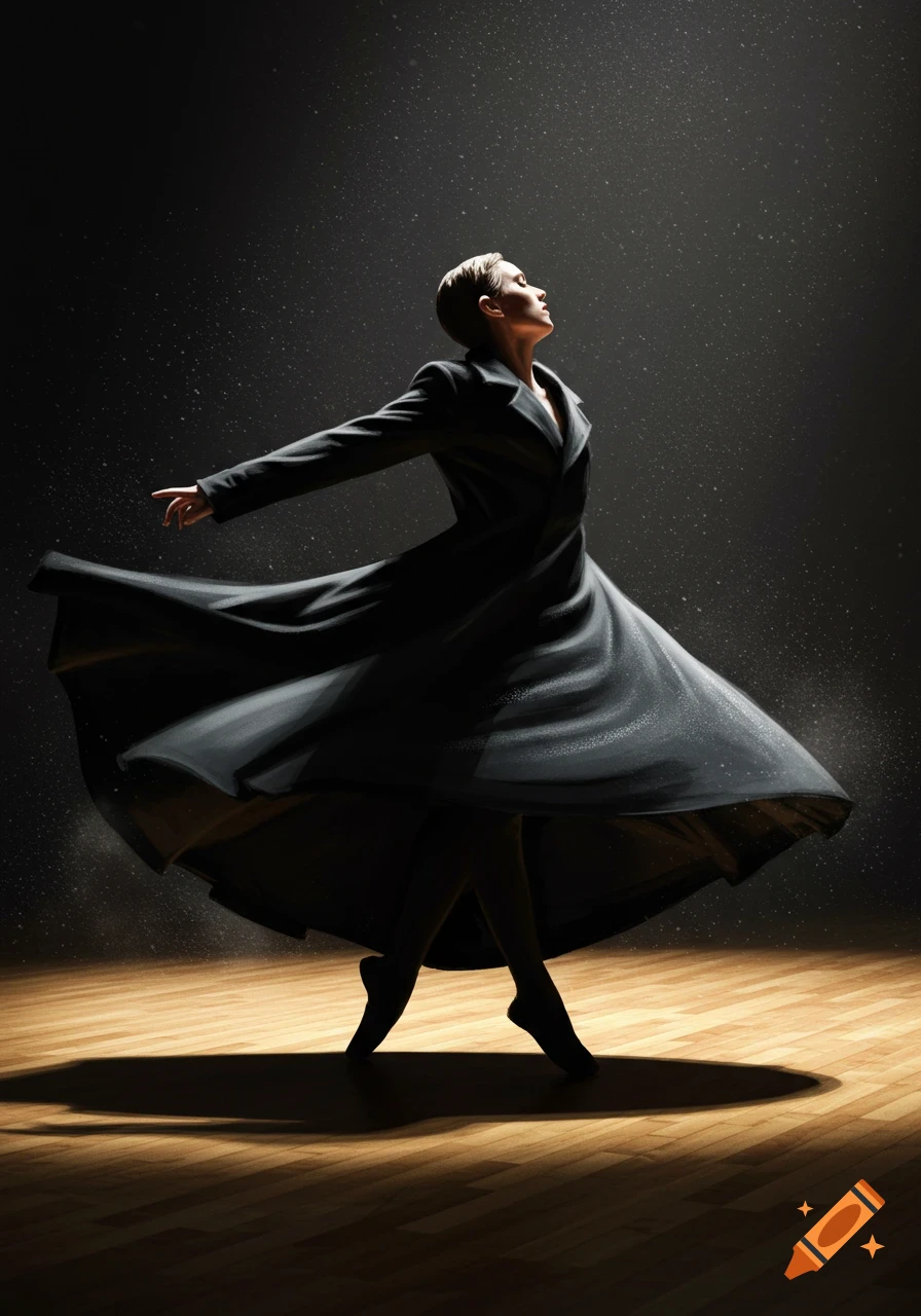 A dancer in a black flowing coat poses dramatically on a wooden stage under a spotlight, with dust particles in the air.