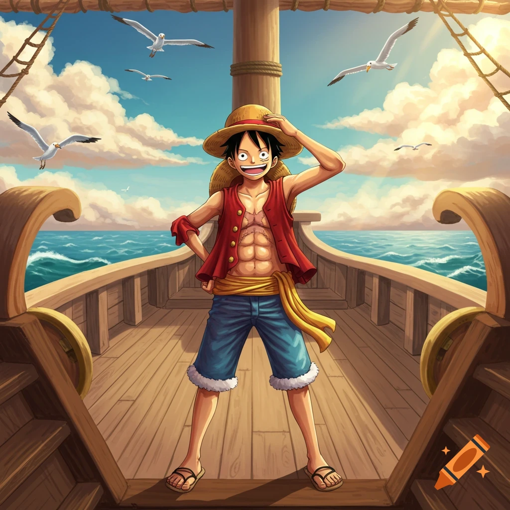 A smiling anime character, Monkey D. Luffy from One Piece, stands on the deck of a pirate ship under a clear sky with seagulls flying.