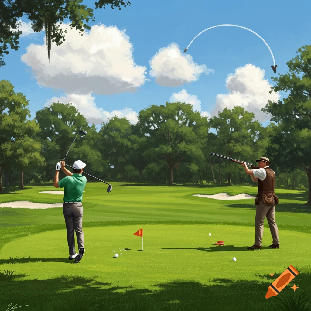 An illustration of a golfer mid-swing on a golf course next to a man skeet shooting at clay pigeons.
