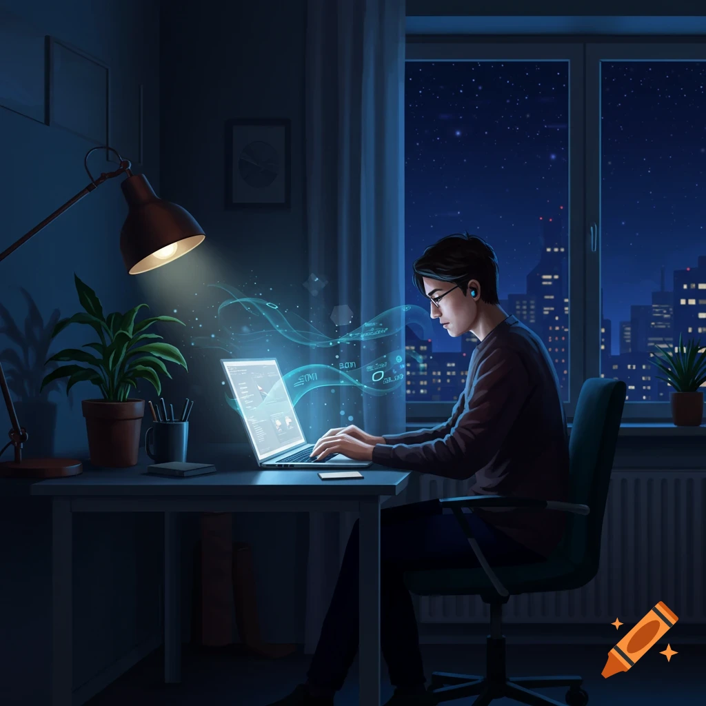 A person works on a laptop at a desk in a dark room, illuminated by a lamp and the screen, with a city skyline visible outside the window at night.