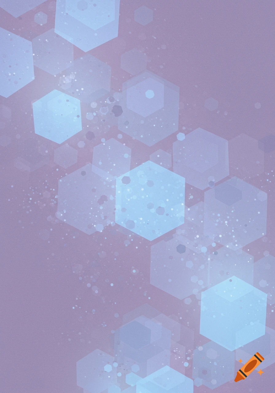 Abstract background with translucent light blue and purple hexagons and scattered particles on a muted purple backdrop.