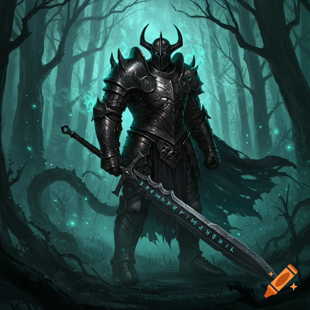 A dark fantasy knight in black armor with glowing teal eyes and runes on his sword stands in a glowing teal forest.