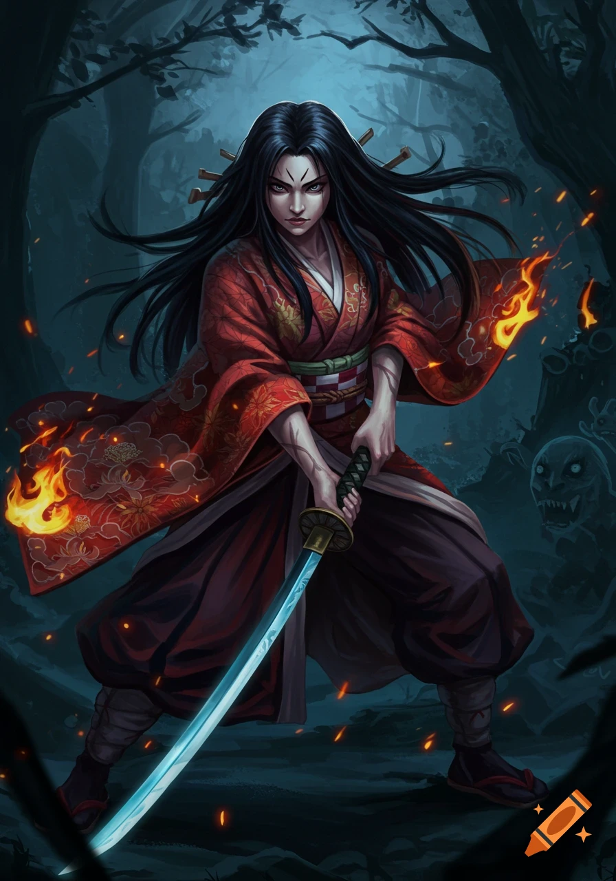 A woman warrior with long black hair in a red kimono holds a glowing sword in a dark, misty fantasy forest with shadowy figures.
