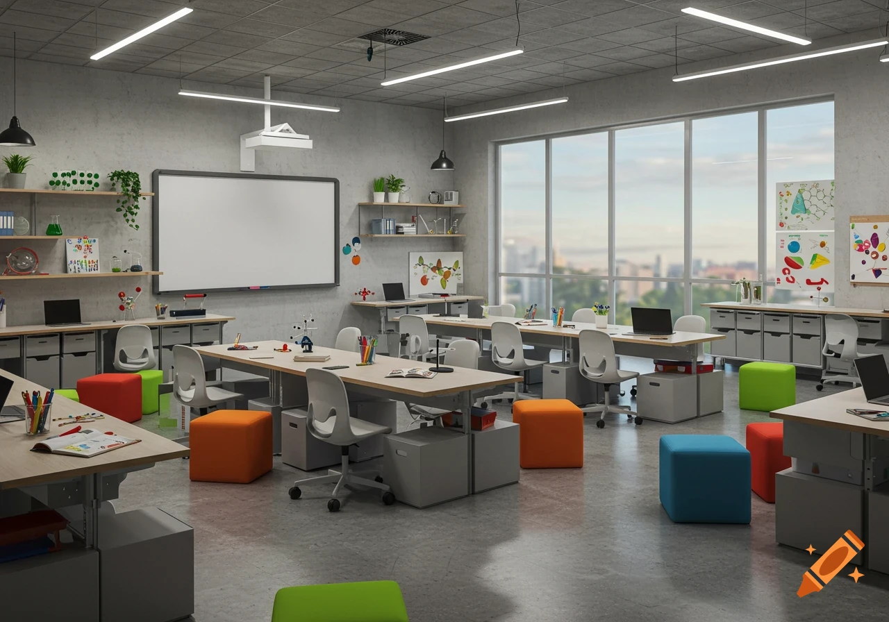 A modern, sleek STEAM classroom with flexible seating, concrete walls, large windows, and bright linear lighting.