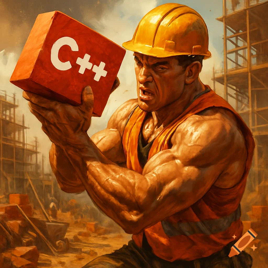 A muscular construction worker in a hard hat and safety vest intently lifts a red brick with 'C++' on it at a construction site.