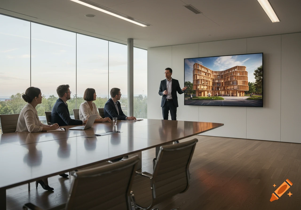 A presenter points to a large screen displaying a modern, curvaceous wooden building during a business meeting in a bright conference room.