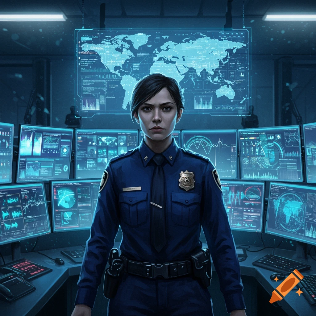 A serious woman in a police uniform stands in a dark, futuristic control room filled with glowing blue screens displaying maps and data, reminiscent of a dystopian surveillance center.
