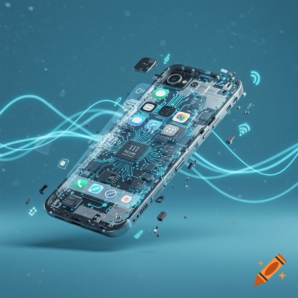 Transparent smartphone showing glowing internal circuit board, app icons, and detached components, with blue light waves radiating from it against a blue background.