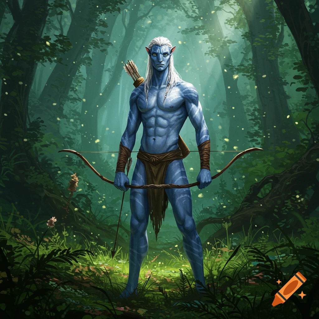 A blue-skinned Avatar man with white hair and abs holds a bow in a lush, green forest.