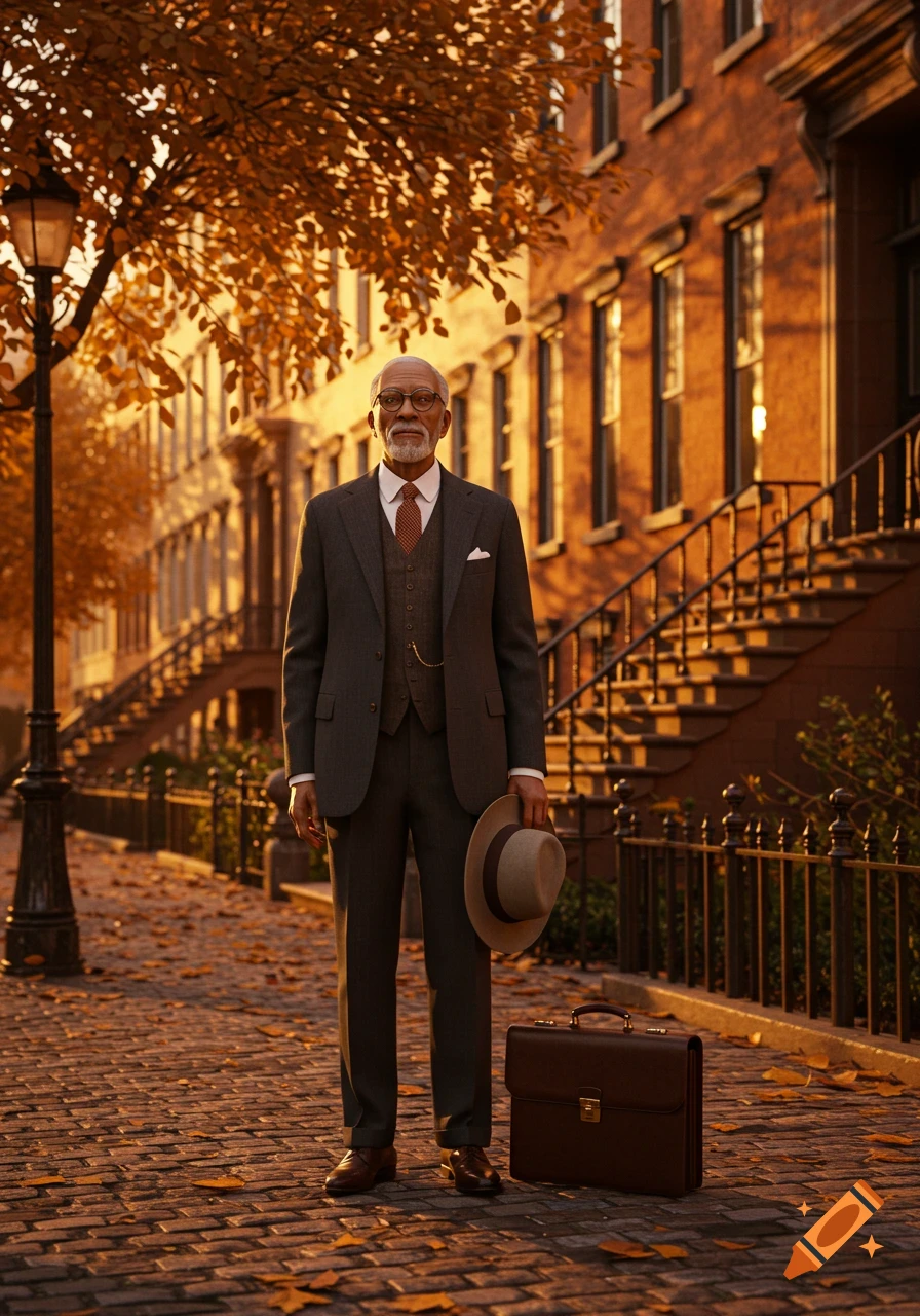 An elderly man in a suit holding a hat stands on a cobblestone street covered in autumn leaves, bathed in golden hour light. Brownstone buildings line the background.