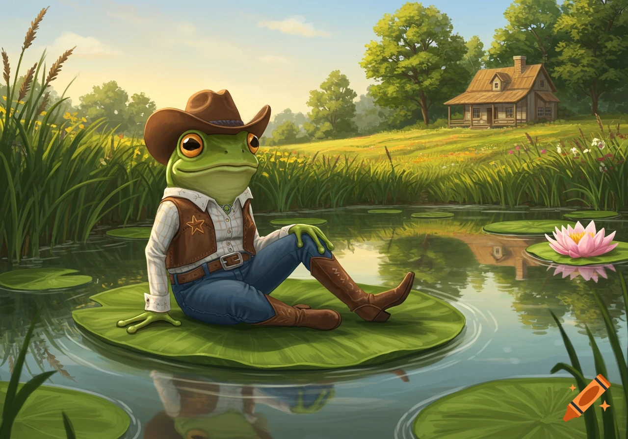 An illustrated frog in a cowboy hat and western attire sits on a lily pad in a pond, with a rural house and trees in the background.