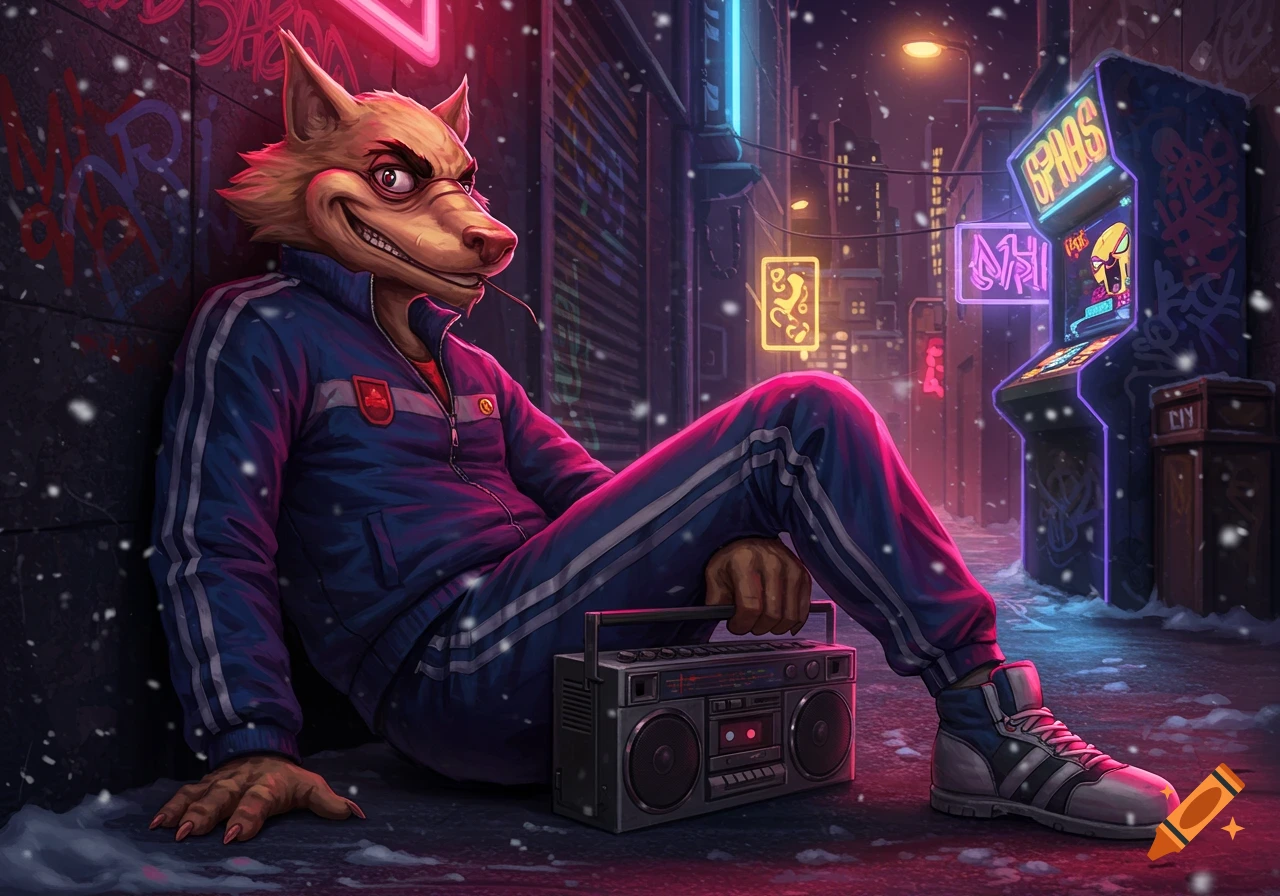 An anthropomorphic wolf-like character in a blue tracksuit leans against a wall in a snowy, neon-lit cyberpunk alleyway, holding a boombox.