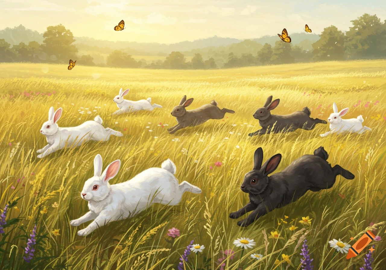 Multiple white, brown, and black bunnies running through a sunny field of tall grass with wildflowers and butterflies.