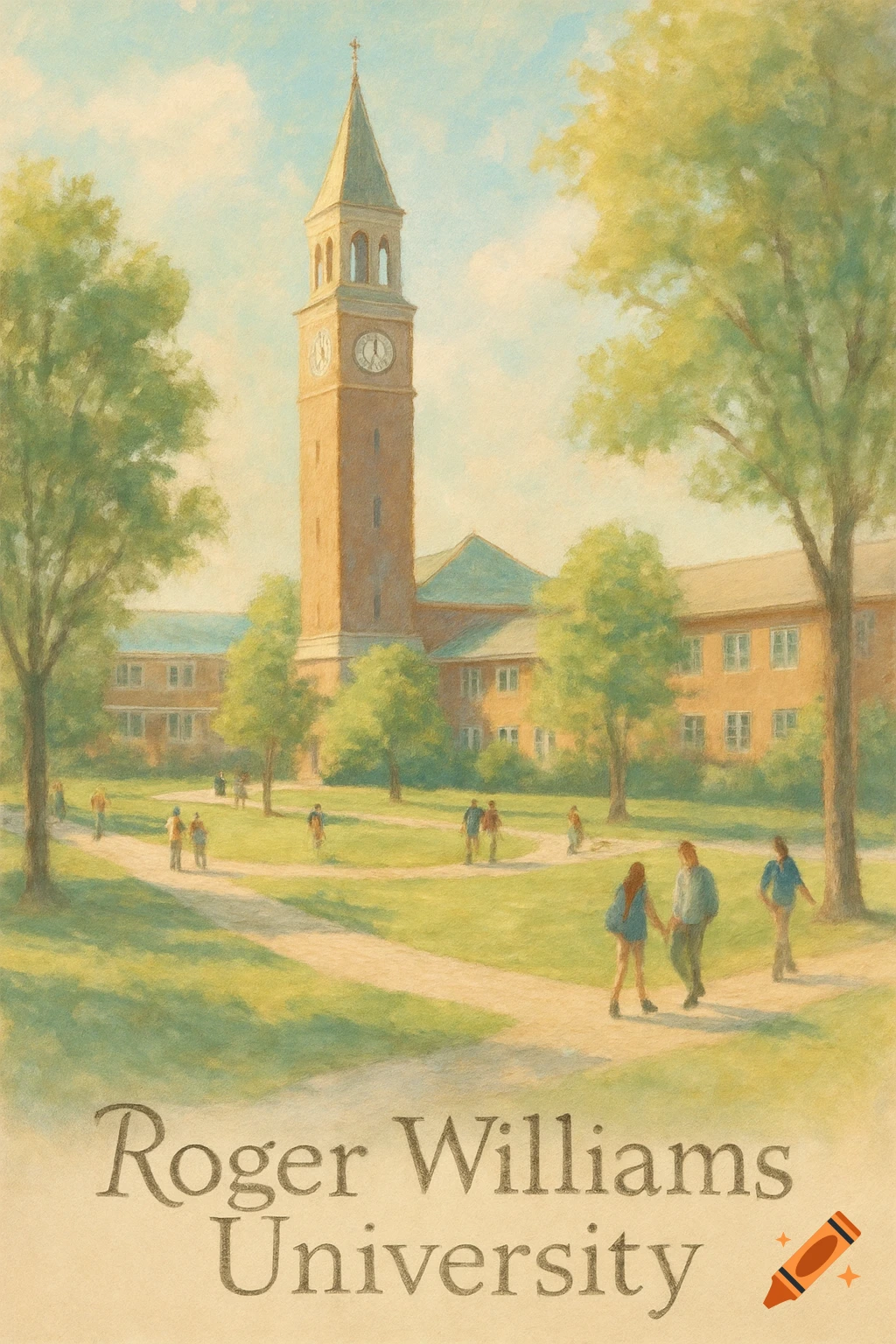 A pastel painting of a university campus with a tall clock tower, students walking on paths through green lawns, and trees.