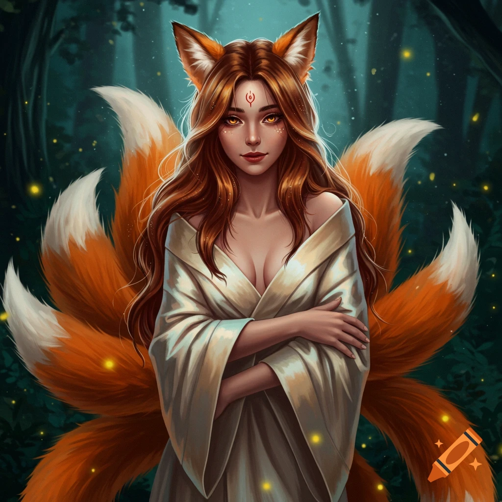 Digital art of a kitsune woman with long red hair, fox ears, multiple tails, and glowing eyes in a mystical forest.