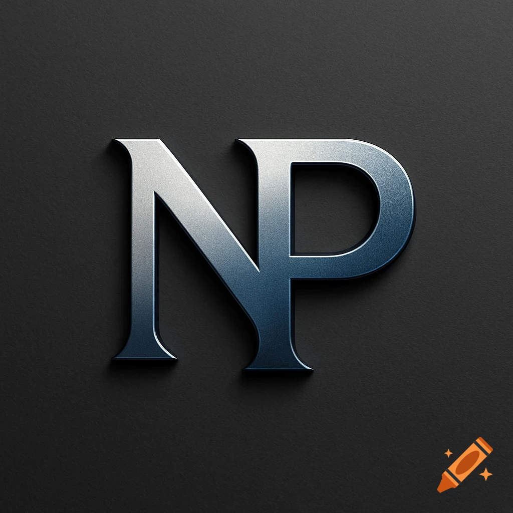 A metallic silver and blue logo featuring the letters 'NP' with a drop shadow on a dark textured background.