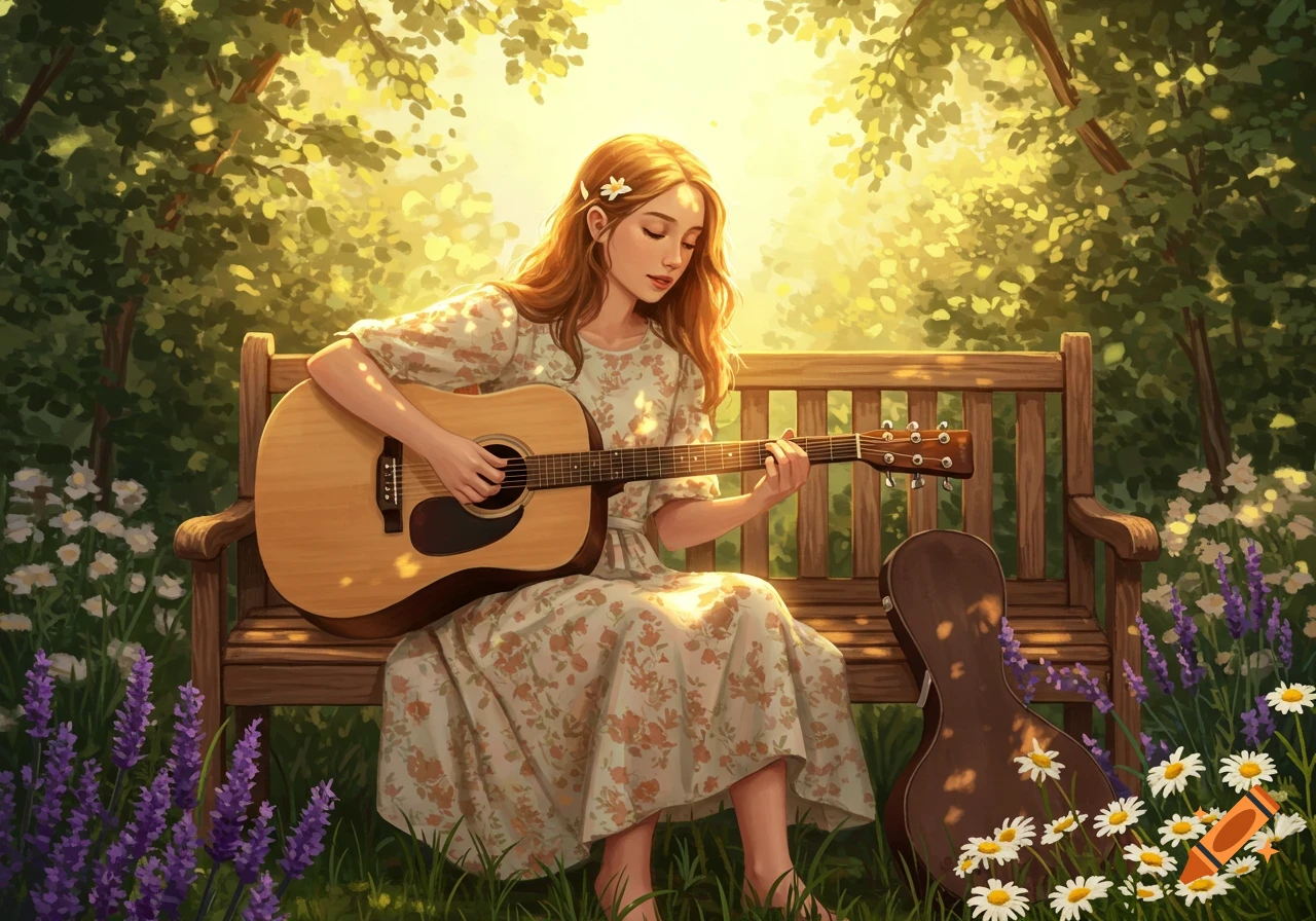 A girl with long hair sits on a park bench playing an acoustic guitar amidst sunlit trees and flowers.