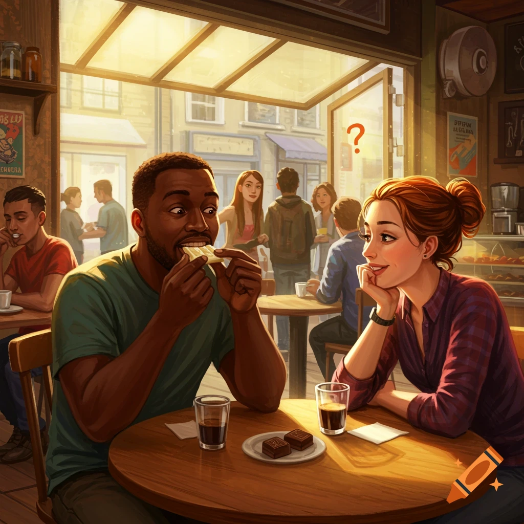 An illustration of a black man eating at a cafe table while a white woman looks at him, with other patrons in the sunny background.